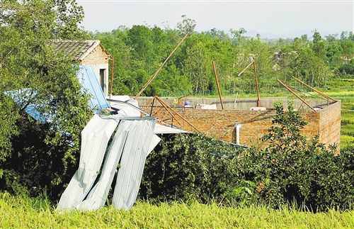 梁平县明达镇明达村六社,村民何明兵屋顶的彩钢棚被大风刮倒。